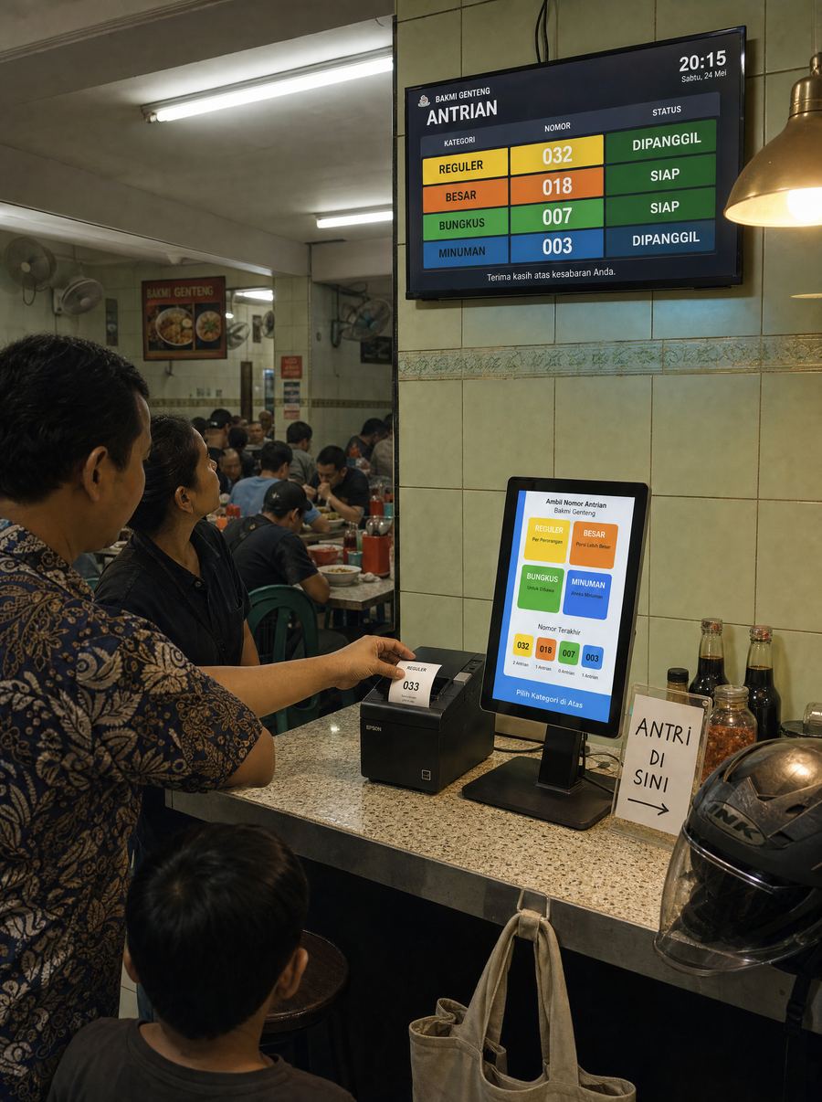 Kios antrean di meja kasir restoran ruko pada malam hari, tamu mengambil struk